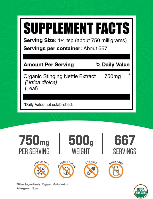 BulkSupplements.com Organic Stinging Nettle Extract Powder - Nettle Leaf Extract, Herbal Supplement - Vegan & Gluten Free, 750mg per Serving, 500g (1.1 lbs) (Pack of 1)