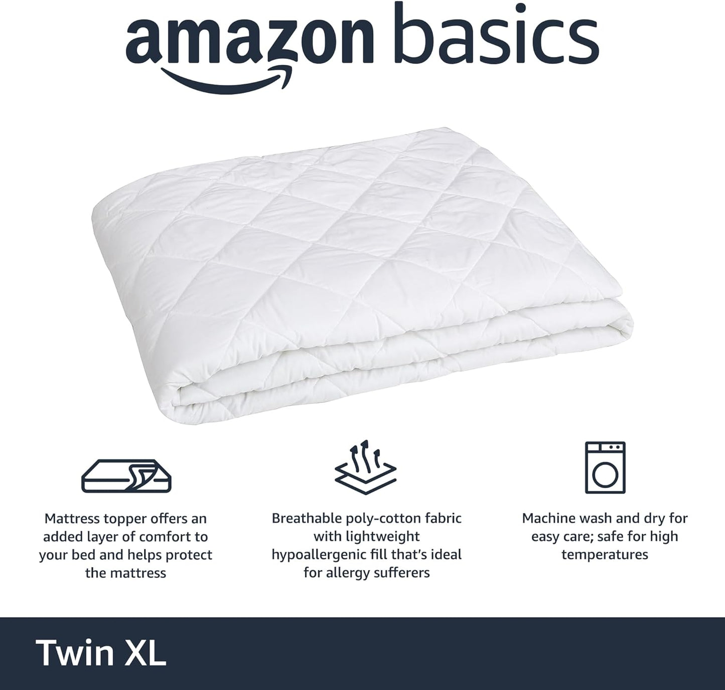 Amazon Basics Hypoallergenic Quilted Breathable Mattress Topper Pad with Protection, 18 Inches Deep, King Size, White
