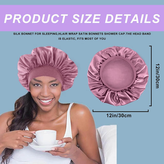4PCS Silk Satin Bonnets for Black Women & Men - Elastic Wide Band Hair Wrap Cap for Curly Hair - Shower Cap for Sleeping (Black, Peacock Blue, Pink, Khaki)