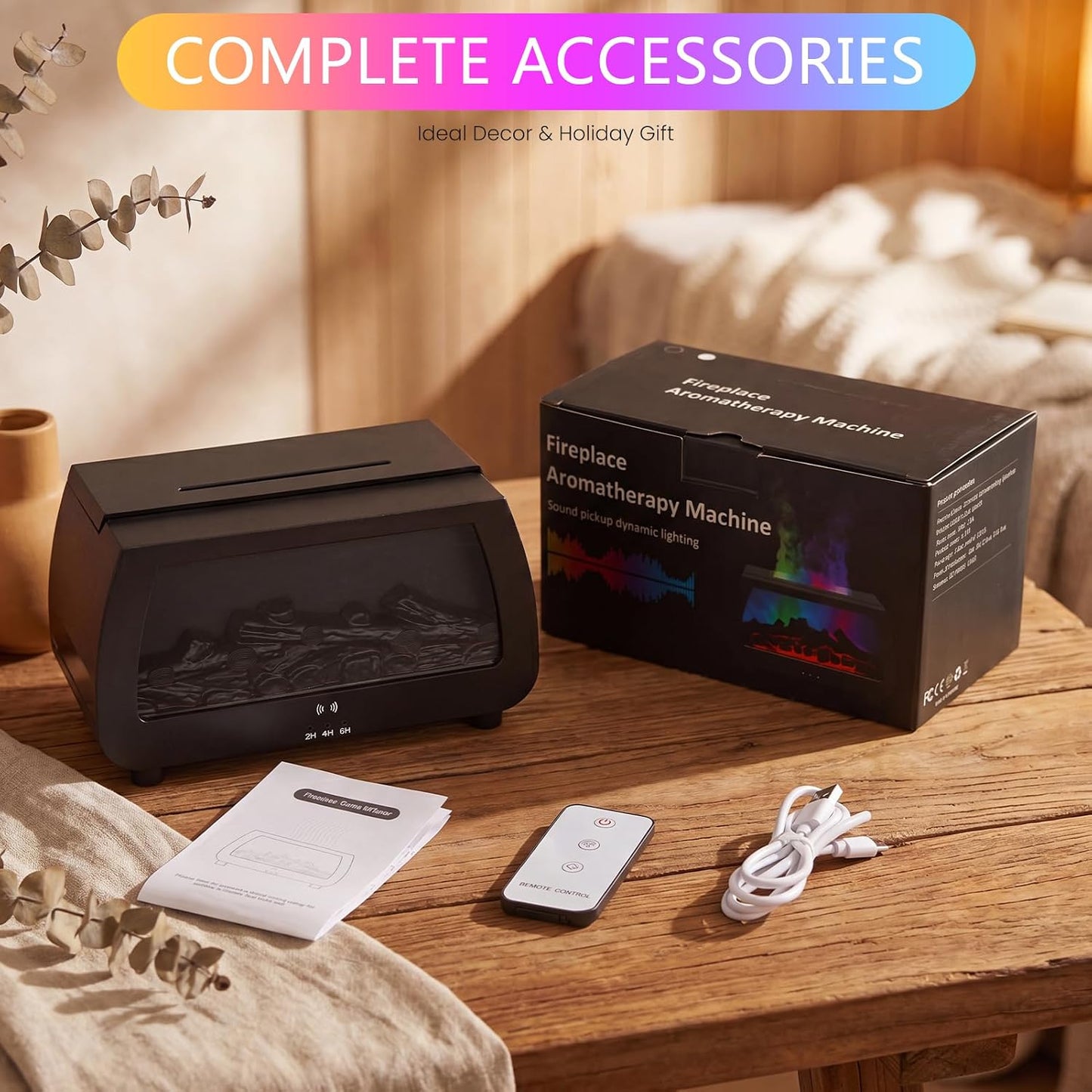 Simulated Fireplace Aroma Diffuser, 200mL Humidifier with Sound Pickup RGB Flame Lights, Timer & Remote Control, 7.5W Quiet Essential Oil Diffuser for Home, Bedroom, Office