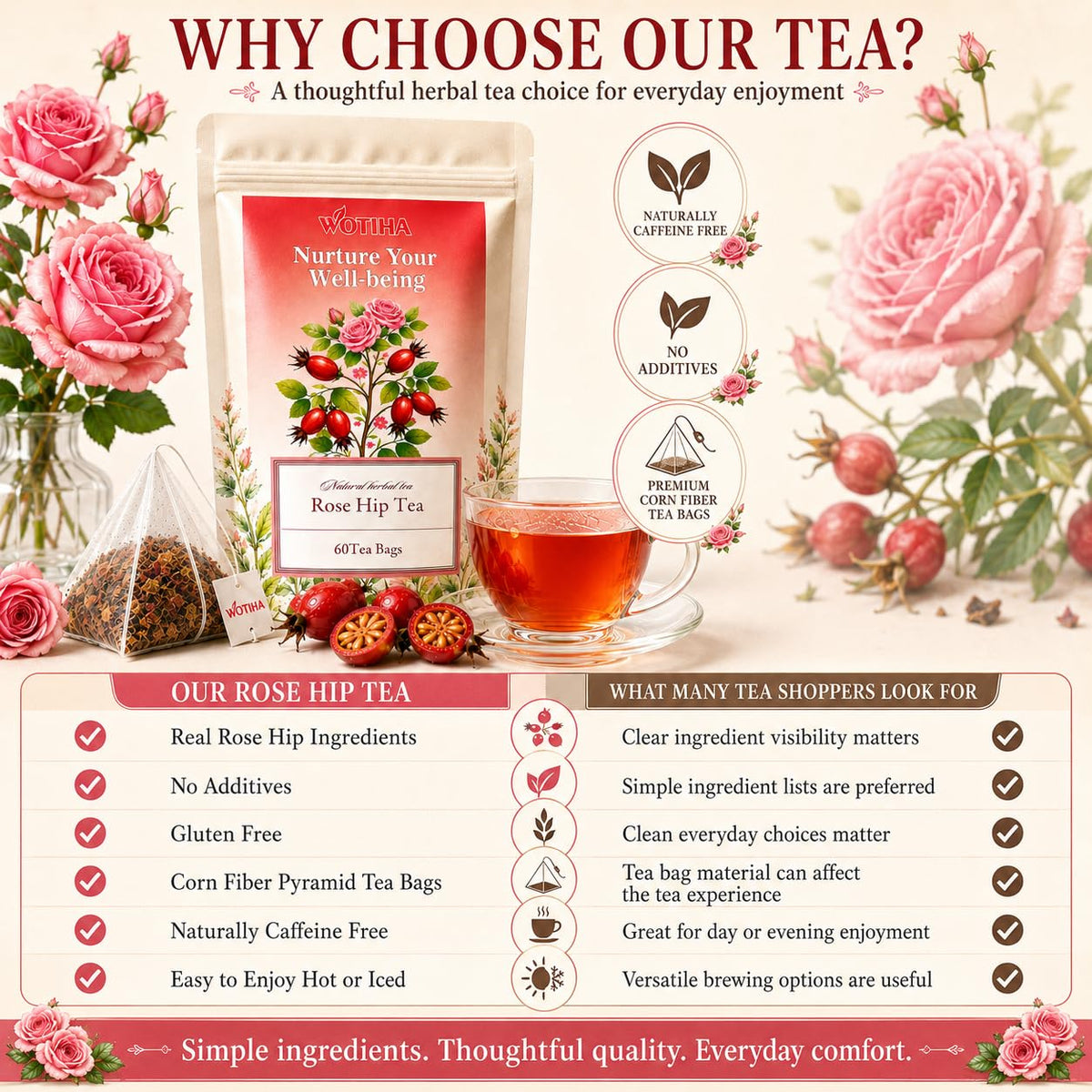 WOTIHA Rosehip Herbal Tea Bags, Caffeine-Free, 60 Count