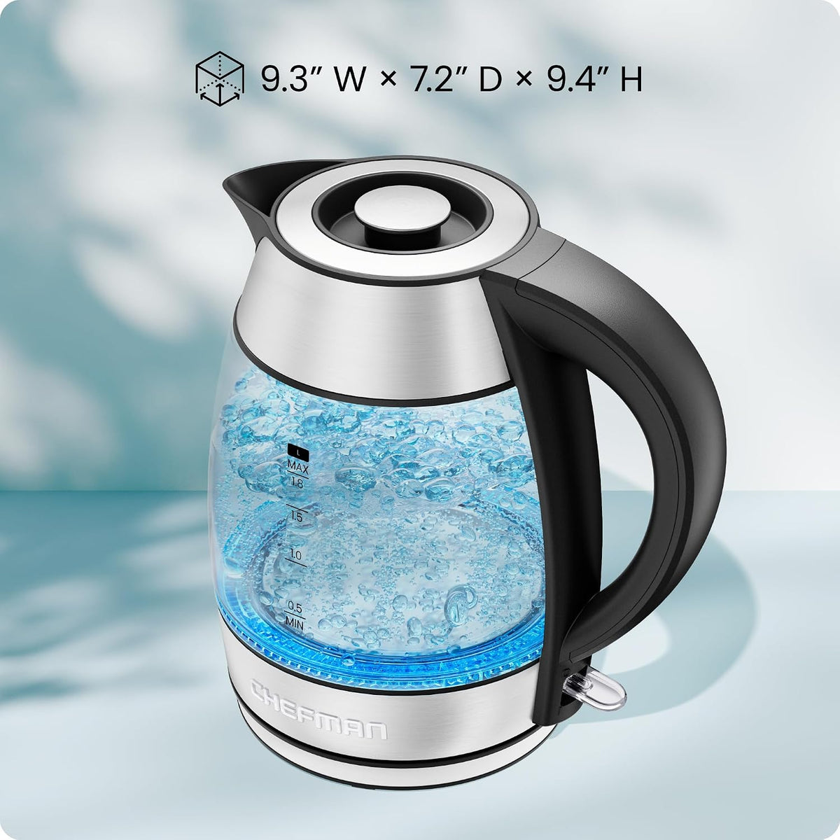Chefman Electric Kettle, 1.8L 1500W, Hot Water Boiler, Removable Lid for Easy Cleaning, Auto Shut Off, Boil-Dry Protection, Stainless Steel Filter, BPA Free, Borosilicate Glass Electric Tea Kettle