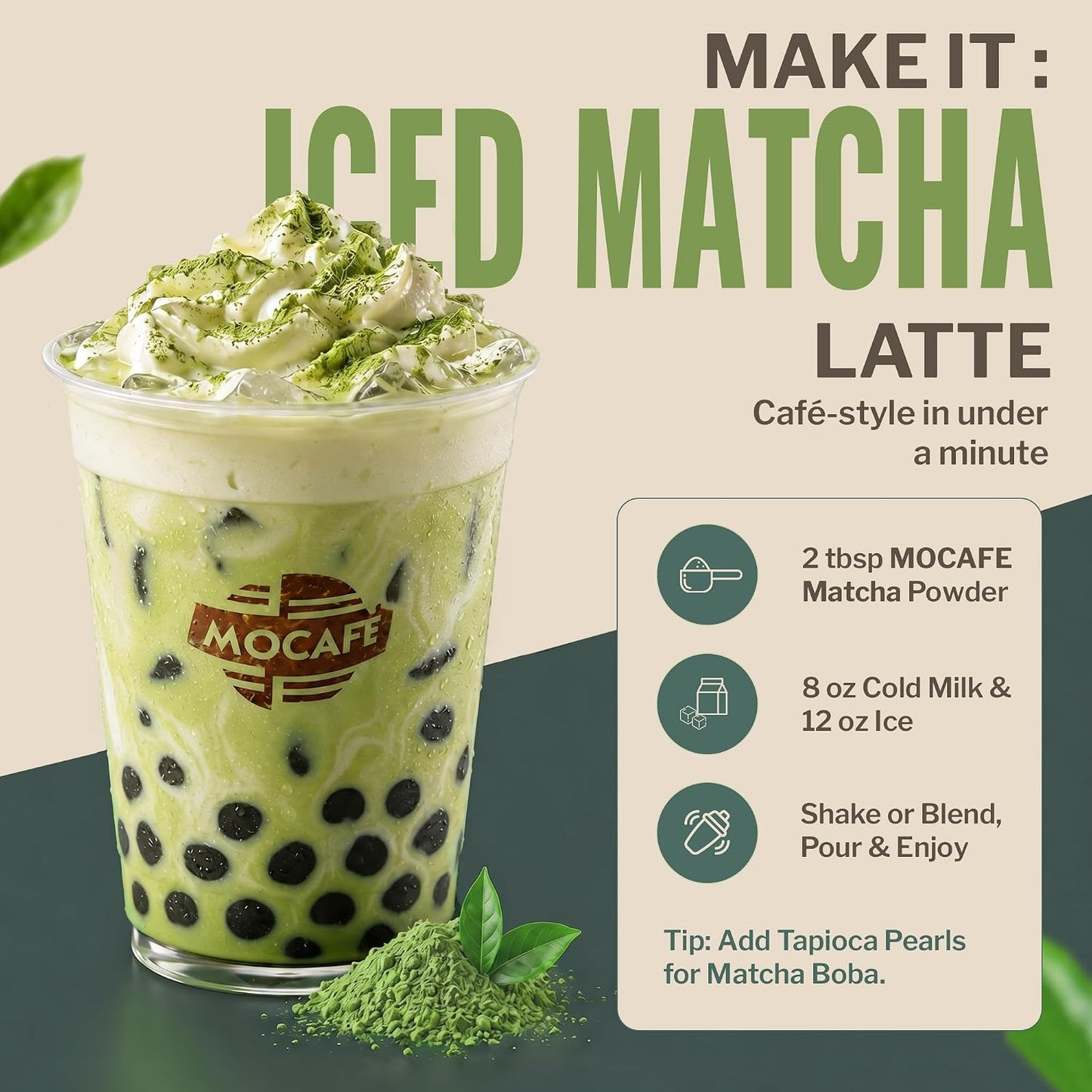 MOCAFE Matcha Green Tea Latte Powder Mix, 3lb Bulk Bag, 35 Servings | Instant Japanese Matcha Powder for Hot & Iced Lattes, Frappes, Boba & Smoothies, Coffee House Quality Sweet Blended Drink