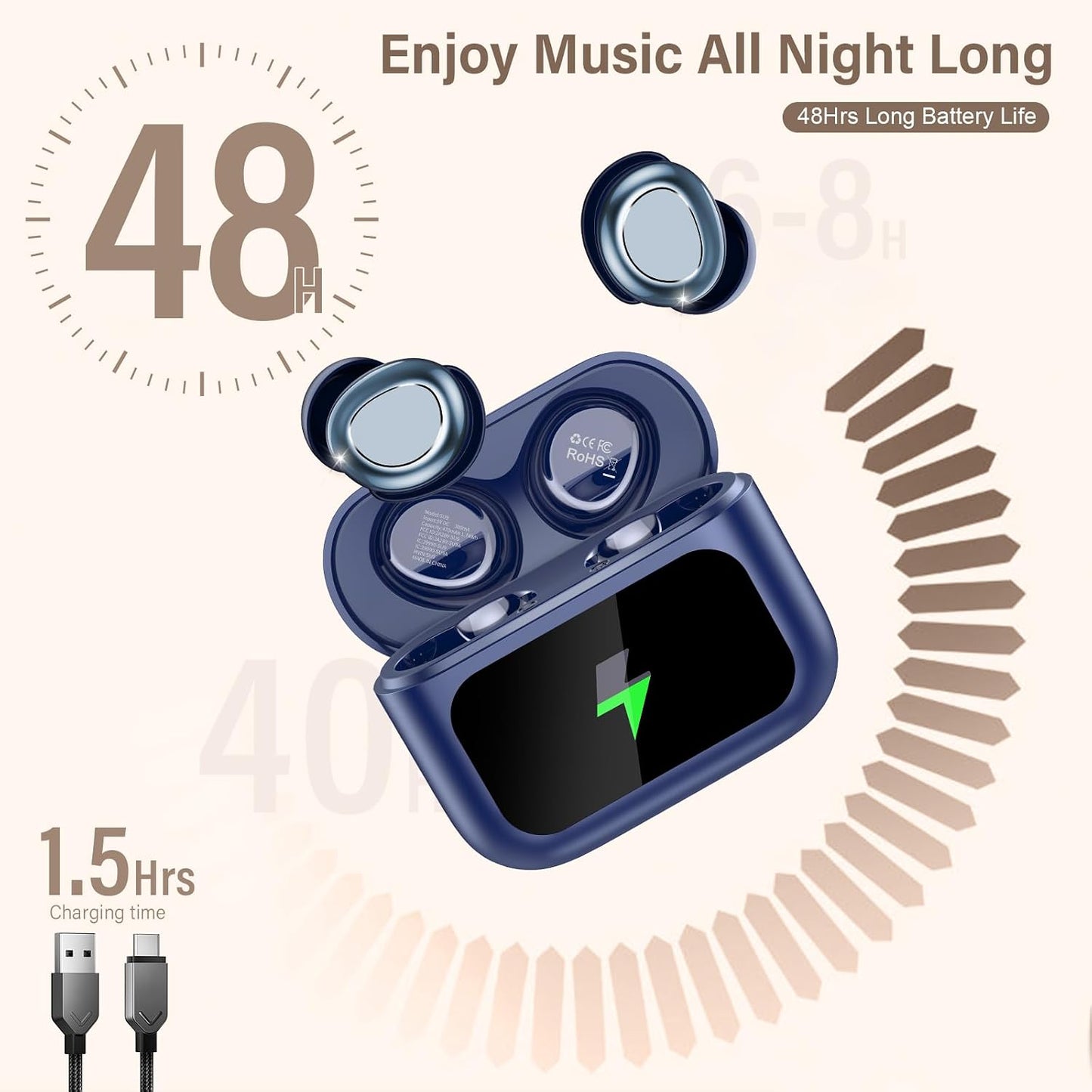 Sleep Earbuds Bluetooth 5.4 in Ear Touch Screen Sleep Headphones, Small Design Mini Sleep Earbuds for Side Sleepers with Sleep Mode, 48H Playtime Sleep Earphones Clear Calls, Raven Black