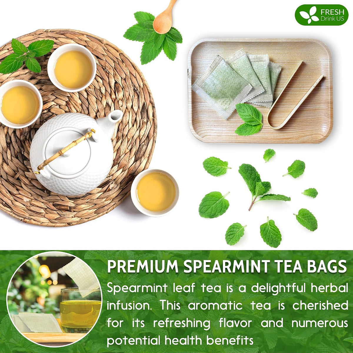 Spearmint Tea Bags, 100% Natural & Pure Spearmint Leaves. Loose Leaf Spearmint Herbal Tea. Spearmint Leaf Tea. No Sugar, No Caffeine, No Gluten, Vegan.