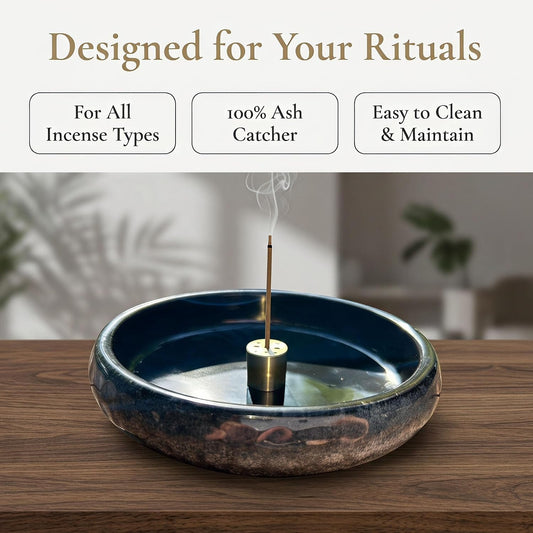 6 Inch Incense Holder with Ash Catcher,Handmade Crack Blue Glaze Ceramic Incense Burner Bowl with 9-Hole Design for Sticks,Cones,Coils Sage,Palo Santo - Perfect for Meditation,Yoga & Zen Home Décor
