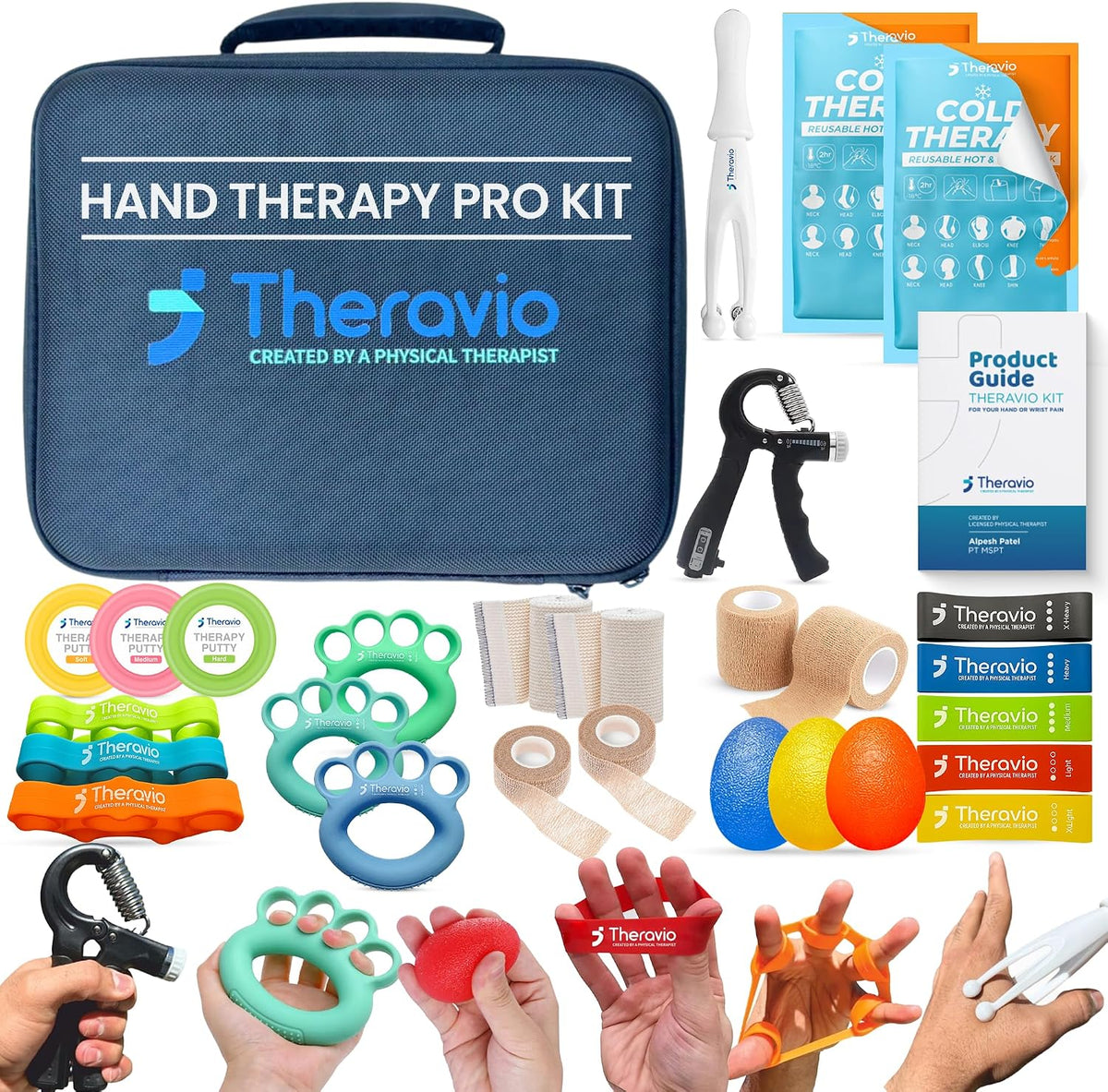 Hand Therapy Equipment for Rehabilitation and Recovery – Hand Therapy Kit with Grip Strength Trainer, Finger Strengthener & Exercise Balls for Arthritis, Carpal Tunnel and Physical Therapy by Theravio