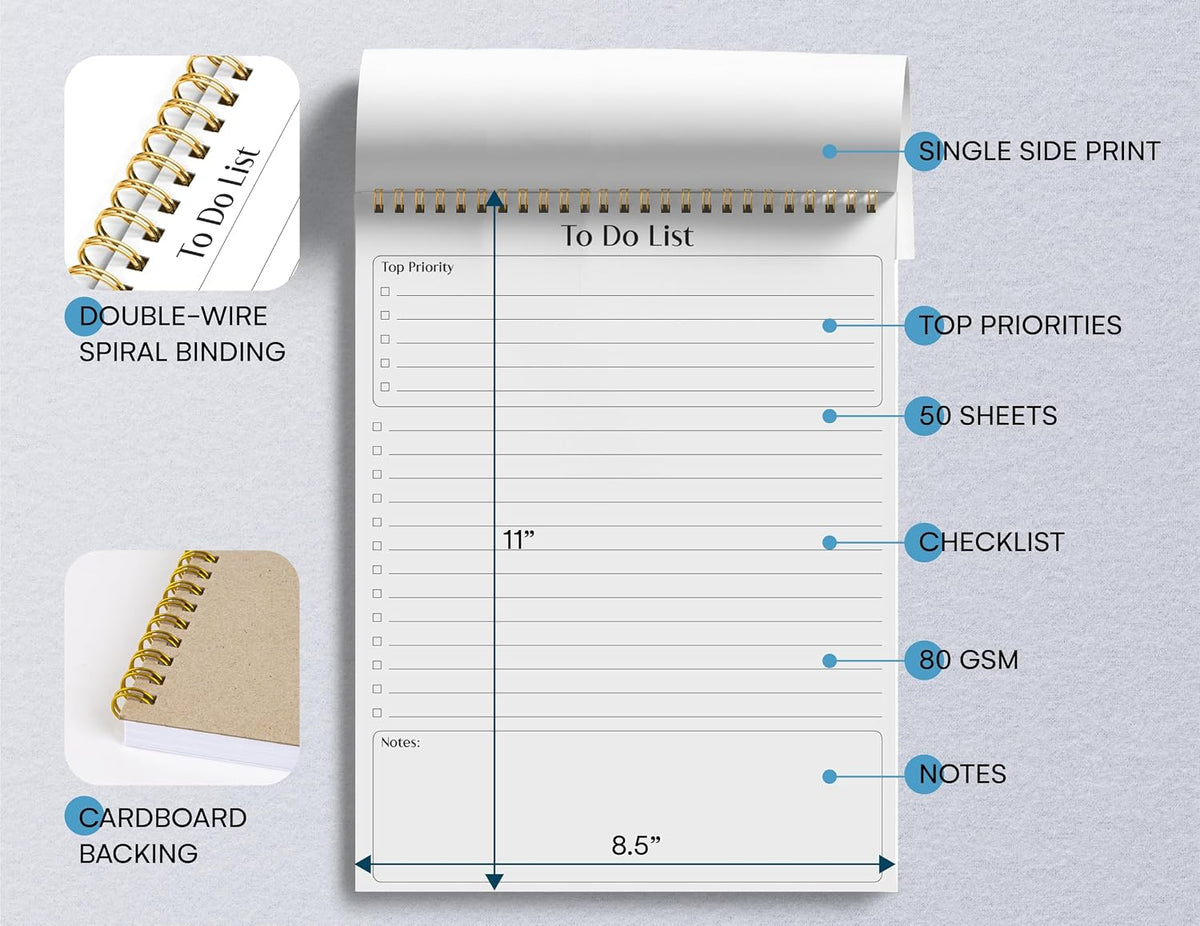 Better Office Products To Do List Notepad, 8.5" x 11", Planning Note Pad, 50 Sheets, Double Wire Spiral, Daily Agenda Productivity Checklist Organizer,(3 Pack)