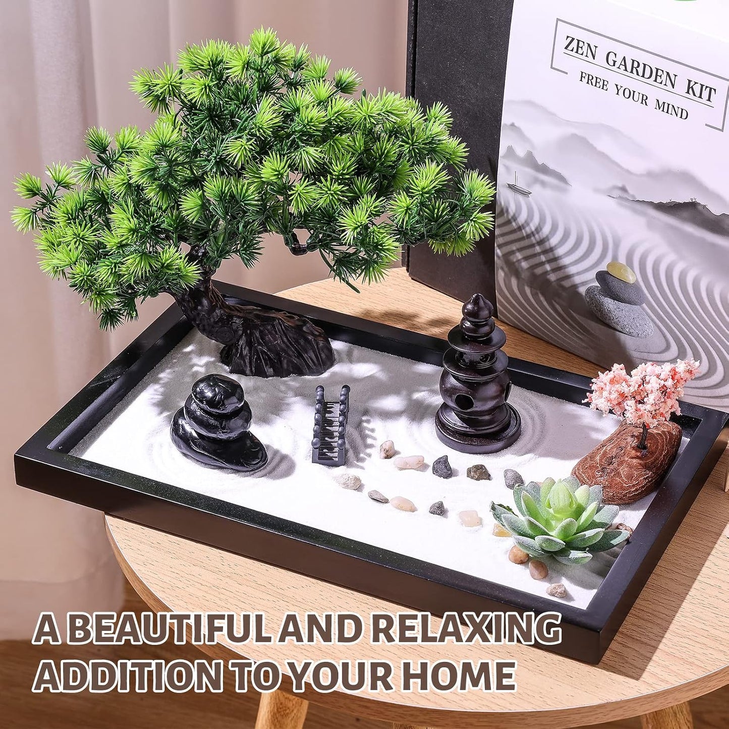 Zen Garden Kit for Desk Decor - Premium Beautiful Japanese Mini Sand Box Set Home, Office with Black Wooden Tray, White Sand, Rake Tools Desktop Meditation, Therapy and Accessories