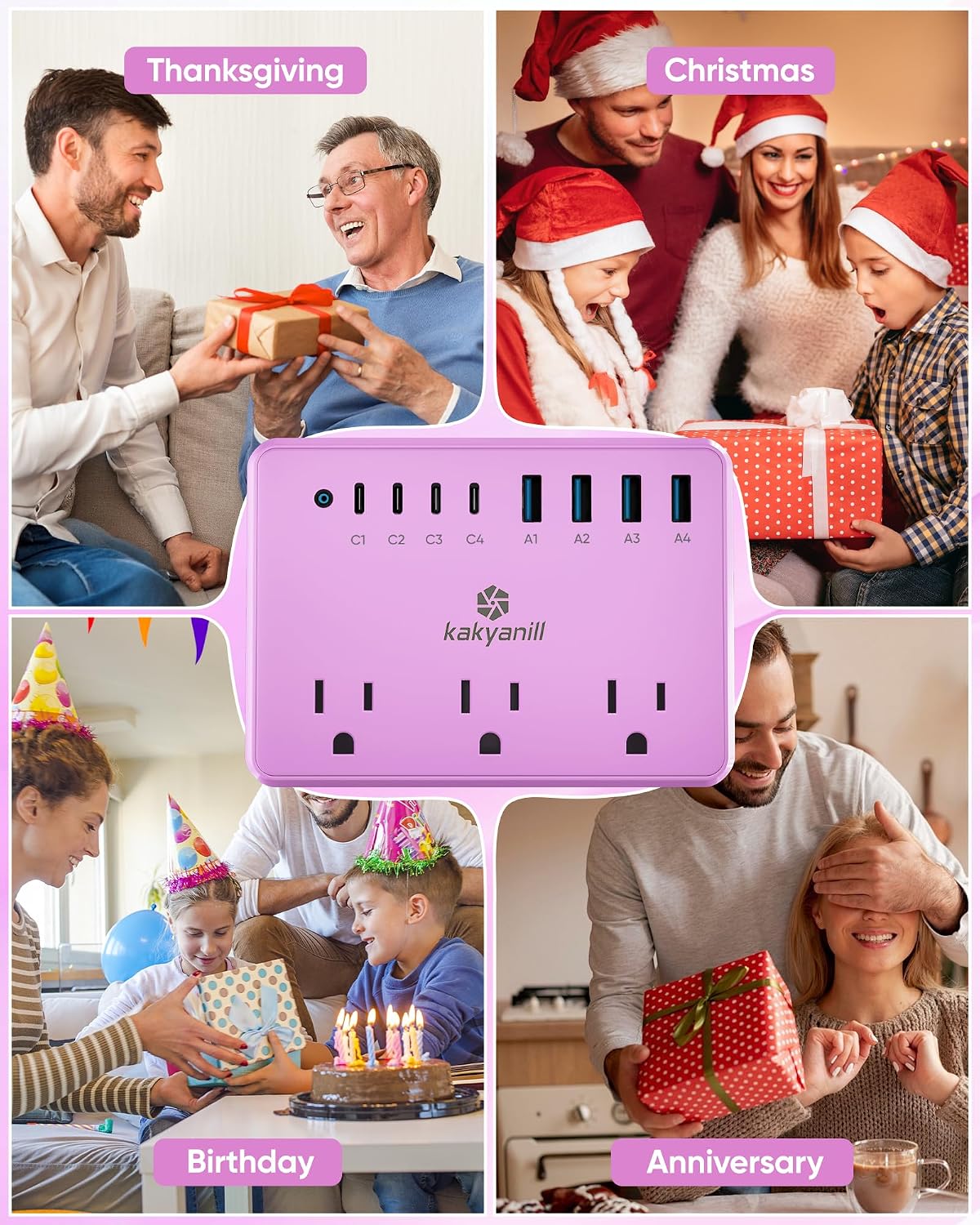Kakyanill 8 USB Pink Power Strip with 6 AC(4 USB-C), 5 FT Extension Cord