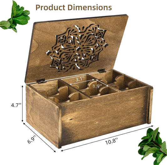 WRINGKIT Tea Bag Organizer Storage Box, Wood Tea Holder Box, 9 Compartments Teas Chest Containers with Floral Carved Lid for Assorted Spice Packets, Home Decor, Multi-Functional Storage Boxes
