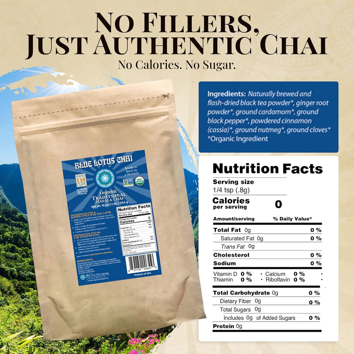 Blue Lotus Chai - Traditional Masala Chai - Makes 100 Cups - 3 Ounce Masala Spiced Chai Powder with Organic Spices - Instant Indian Tea No Steeping - No Gluten