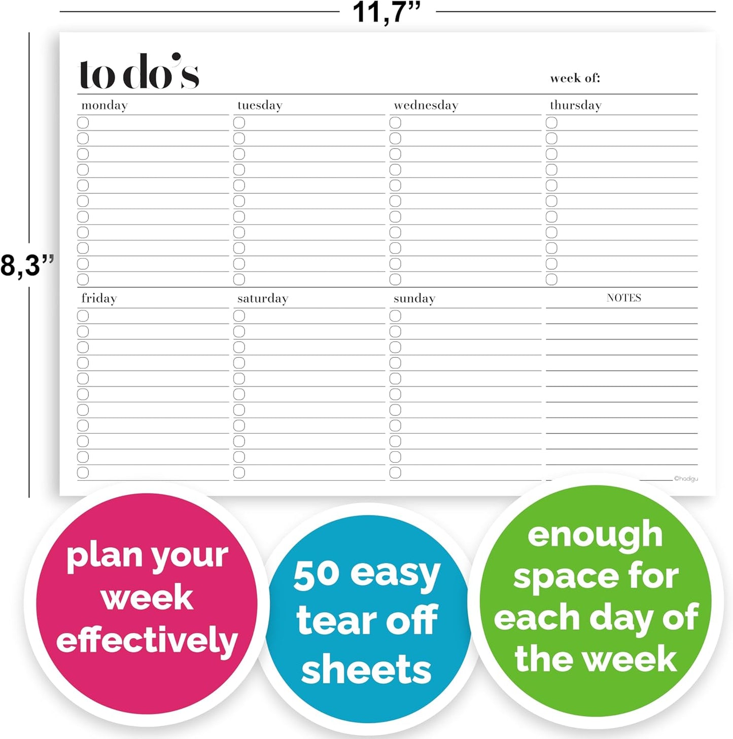 Weekly Planner Pad, Weekly To Do List Notepad, Tear Off Undated Weekly Planner Notepad, A4 Size (8,3" X 11,7"), Premium Thick Paper with Cardboard Back Support, Weekly Desk Planner by Hadigu