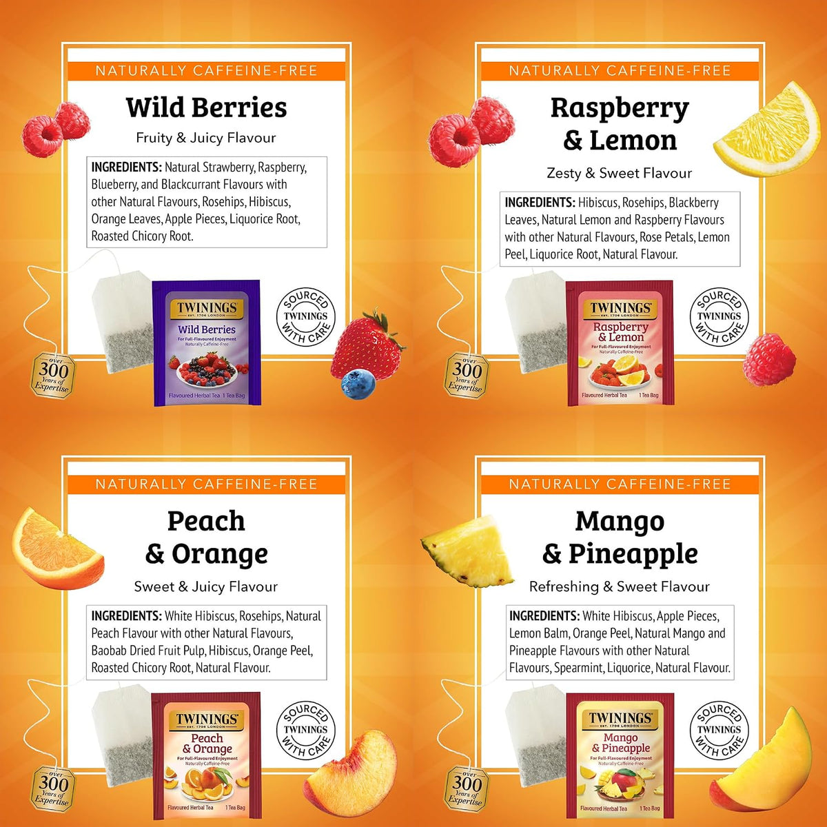 Twinings Herbal Variety Sampler Pack, 20 Count (Pack of 4). Includes Raspberry & Lemon, Mango & Pineapple, Wild Berries and Peach & Orange. Refreshing & Fruity, Naturally Caffeine- Free, 80 Individually Wrapped Tea Bags.