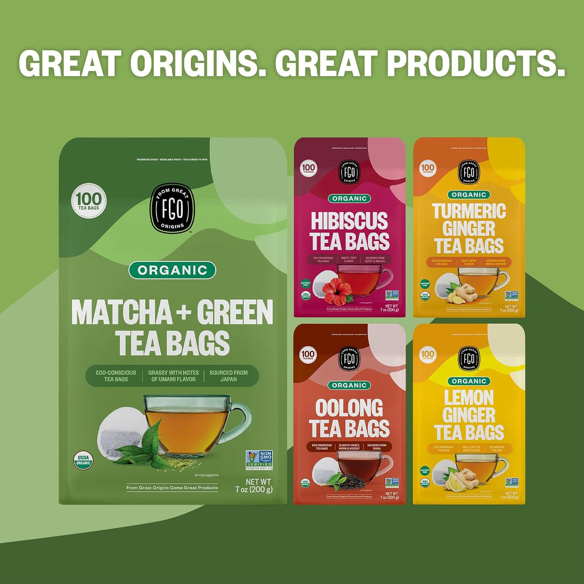 FGO Organic Japanese Matcha + Green Tea, 100 Count, Eco-Conscious Tea Bags, Resealable Bag, Packaging May Vary (Pack of 1)