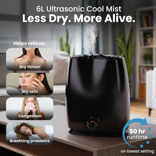 Everlasting Comfort 6L Humidifiers for Bedroom, Quiet 50HR Runtime No-Filter Supersized Cool Mist Humidifier Large Room for Whole House, Plants, Baby Nursery, Allergies, Dry Skin, Congestion, Indoor