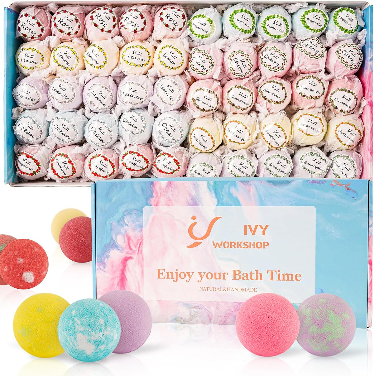 Bath Bombs for Women Gift Set, 50 Pcs Natural Organic Bubble Bathbombs with 10 Rich Scents, Handmade Bubble Bath Fizzy, for Bubble Bath Spa,Her/Him,Wife,Girlfriend,Mother Present Giving