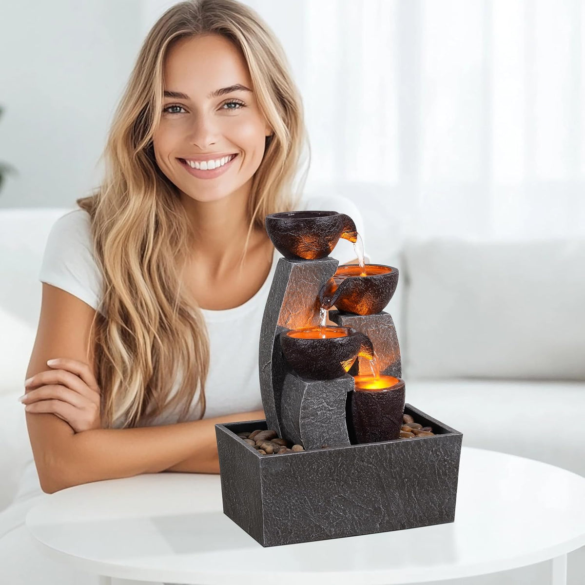 GOSSI Tabletop Water Fountain with LED Lights, Indoor Waterfall Fountain with Cascading Bowls and Pebbles, Small Desk Fountain for Home Office Decor
