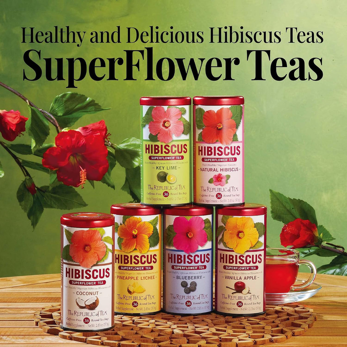 The Republic of Tea Hibiscus Watermelon Herbal Tea, Caffeine Free, 36 Count