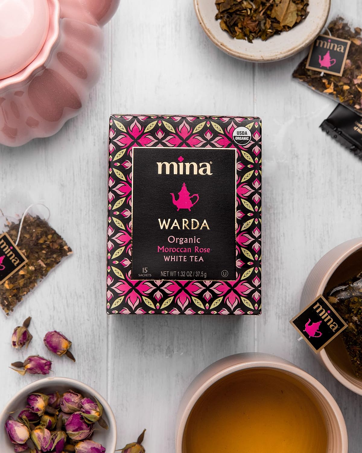 Mina Warda Organic Moroccan Rose White Tea, 15 Biodegradable Sachets - Rose Tea Bags, White Tea with Moroccan Rose Petals, Organic White Tea Bags, Low Caffeine Tea