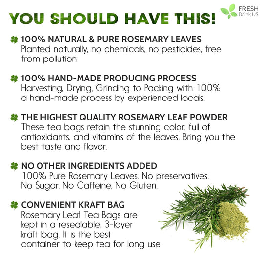 FRESHDRINKUS, 31 Rosemary Leaf Tea Bags, 100% Natural and Pure Rosemary Dried Leaves, Pure Herbal Tea, No Additives, No Caffeine, No Gluten, Vegan.