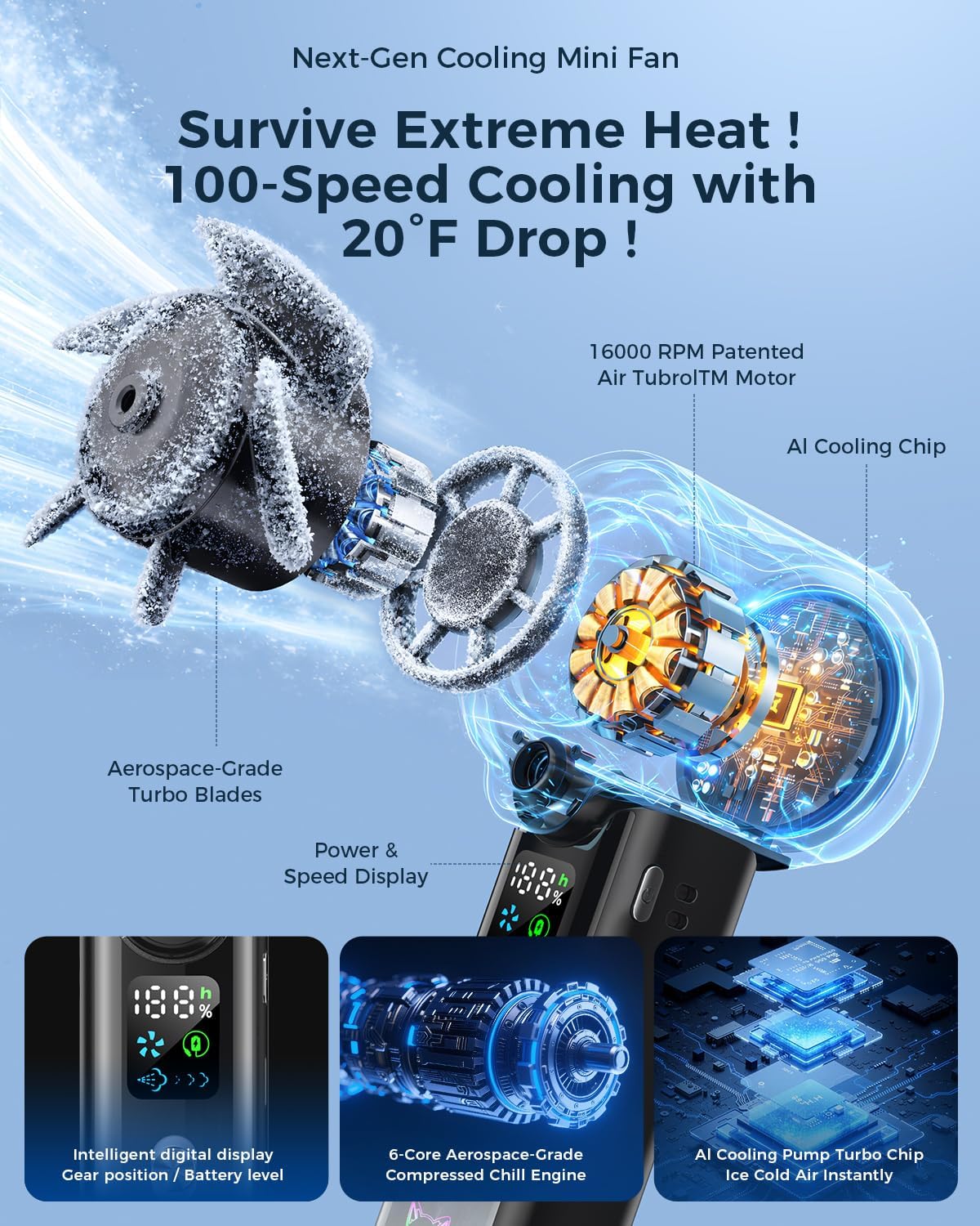 Doge&Vollar Portable Misting Handheld Fan,4‑in‑1 Spray Cooling Turbo Fan,5000mAh Rechargeable,Up to 30H Runtime,100‑Speed Wind,Flashlight SOS Mode,Compact Lightweight,Summer Gifts for Men Women,Black