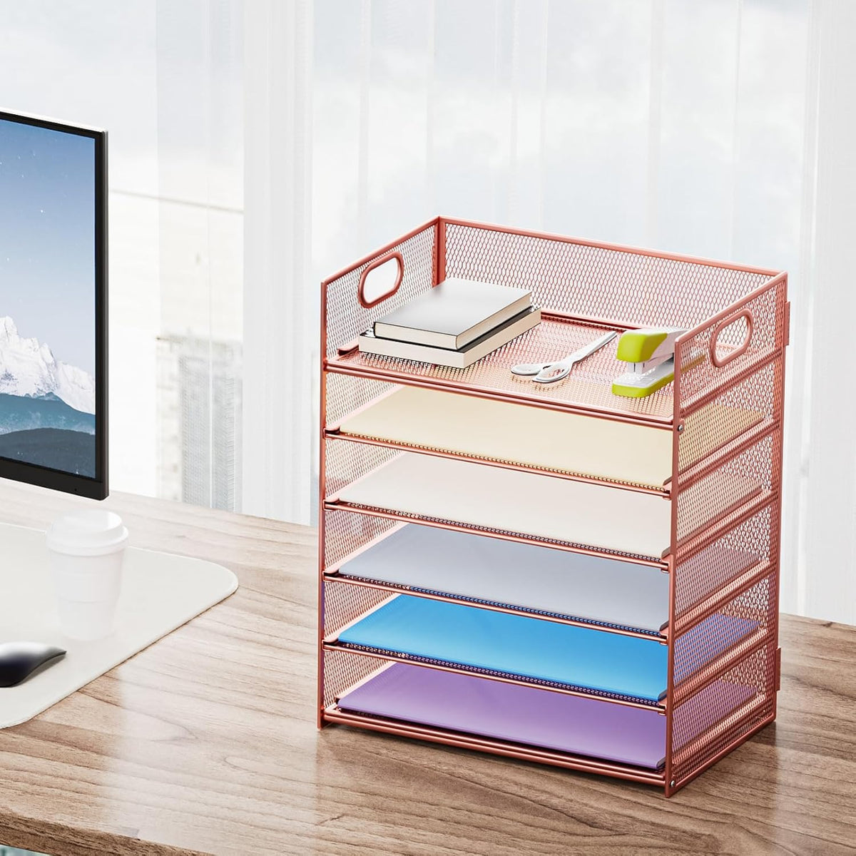 Marbrasse 6 Tier Paper Organizer Letter Tray - Mesh Desk File Organizer with Handle, Paper Sorter Organizer for Letter/A4 Office File Folder Holder - Black