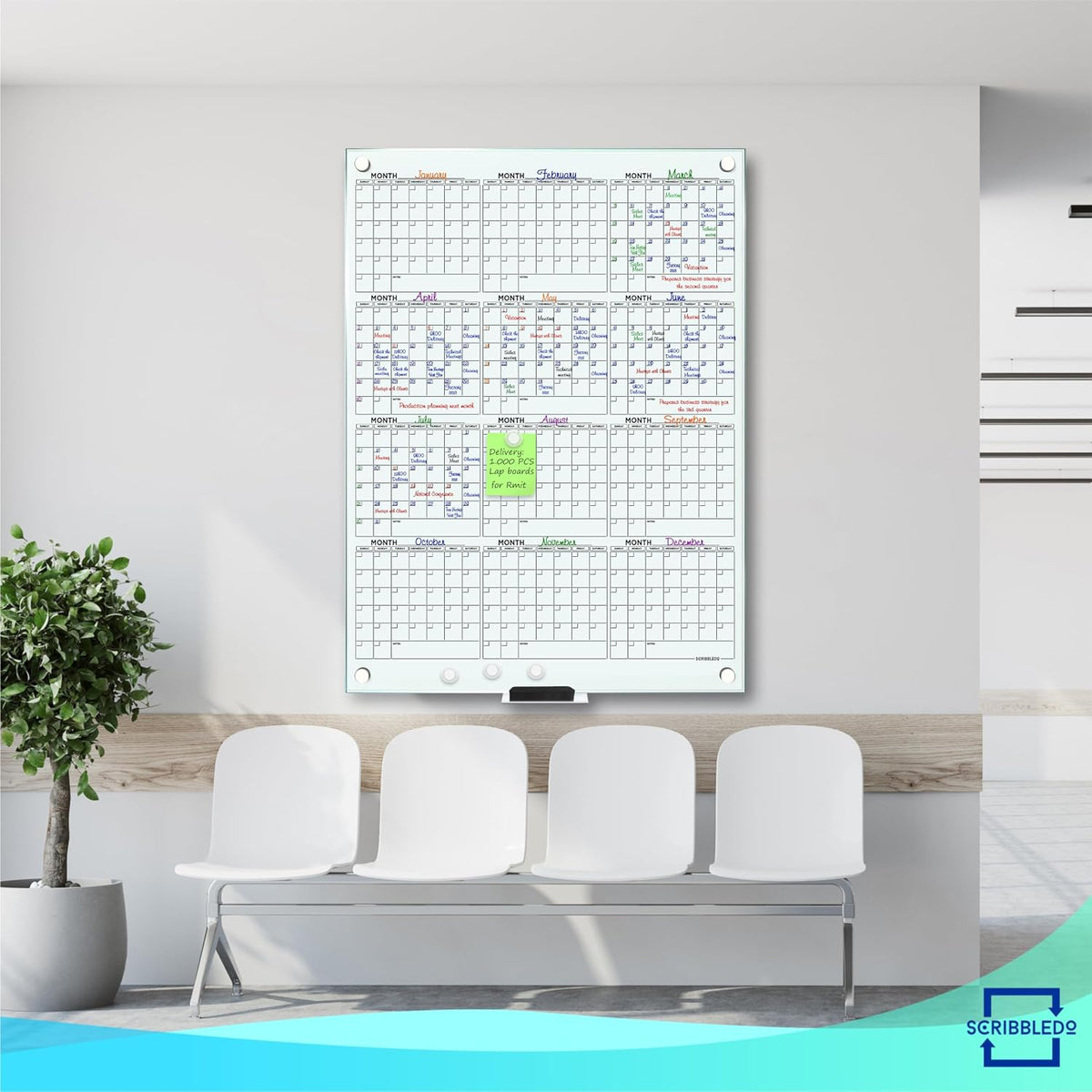 Magnetic 34”x46” Glass Whiteboard Calendar Yearly Dry Erase Planner for Wall Large Glass Whiteboard Calendars for Home and Office
