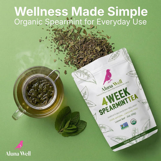 Aluna Well Organic Spearmint Tea – Supports Hormonal Balance and Wellness for Women, 4 Week Loose Leaf Herbal Tea, Caffeine-Free, 2 oz