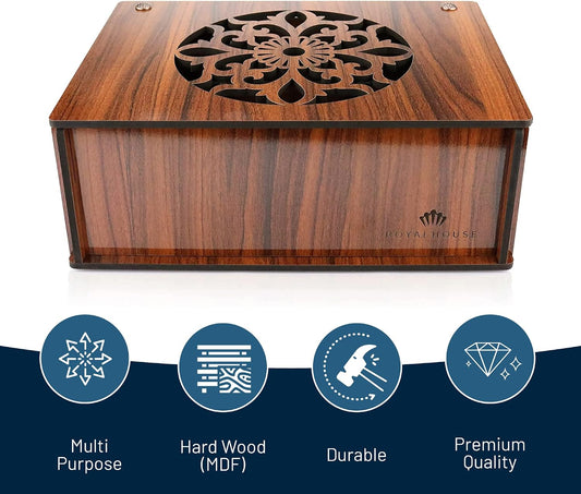RoyalHouse Premium Wood (Hard MDF) Tea Storage Box Organizer (Brown), Eco-Friendly Multi-Functional Decorative Box, 9 Compartments For Assorted Variety Of Tea Bags and Small Items