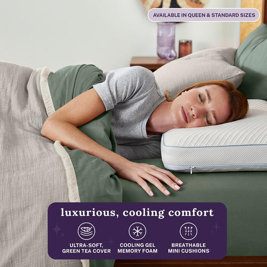 Sleep Innovations Luxe Comfort Gel Memory Foam & Mini Cushion Pillow with Green Tea-Infused Cover, Standard, Medium Firm Feel, for Side and Back Sleepers, Washable Cover