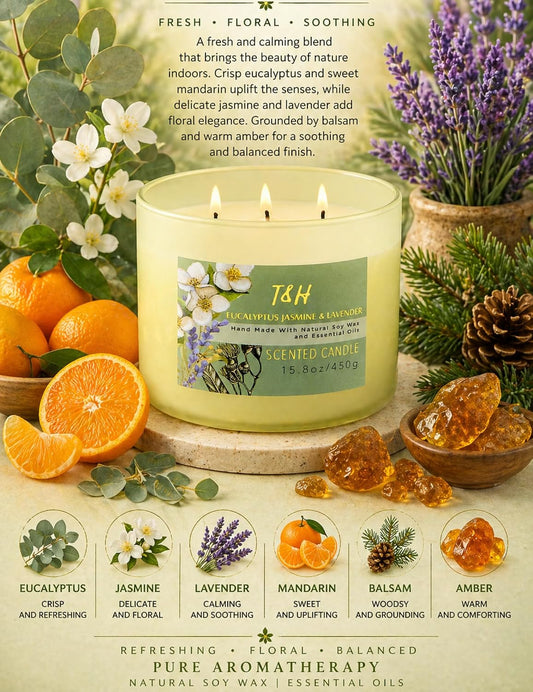Eucalyptus Jasmine Lavender Scented Candle | 3-Wick Large Soy Candle for Home, 15.8 oz | Eucalyptus & Lavender Aromatherapy Candle | Self Care Gifts for Women, Candles for Men