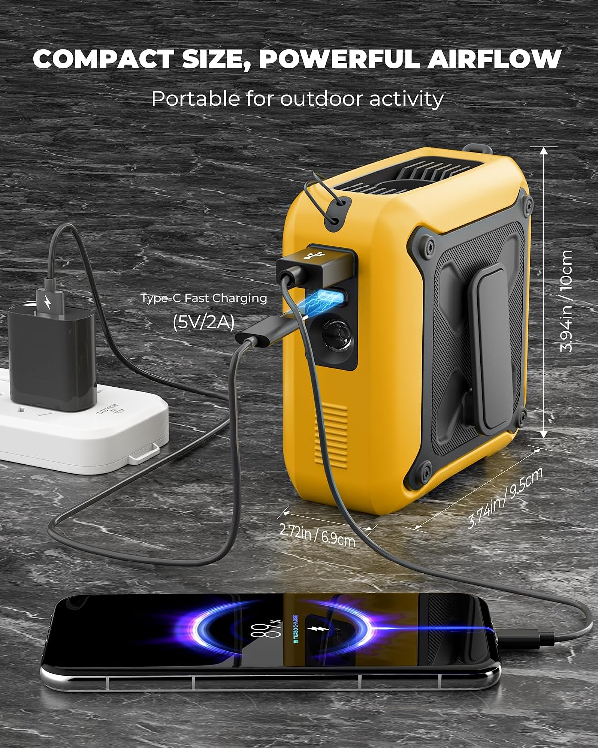 Portable Waist Fan Clip on Belt Under Shirt w/LED Display & Flashlight, 8000mAh Battery Powered, Rechargeable 5-Speed 14600RPM Personal Cooling Fan for Construction, Warehouse, Outdoor Jobsite, Orange