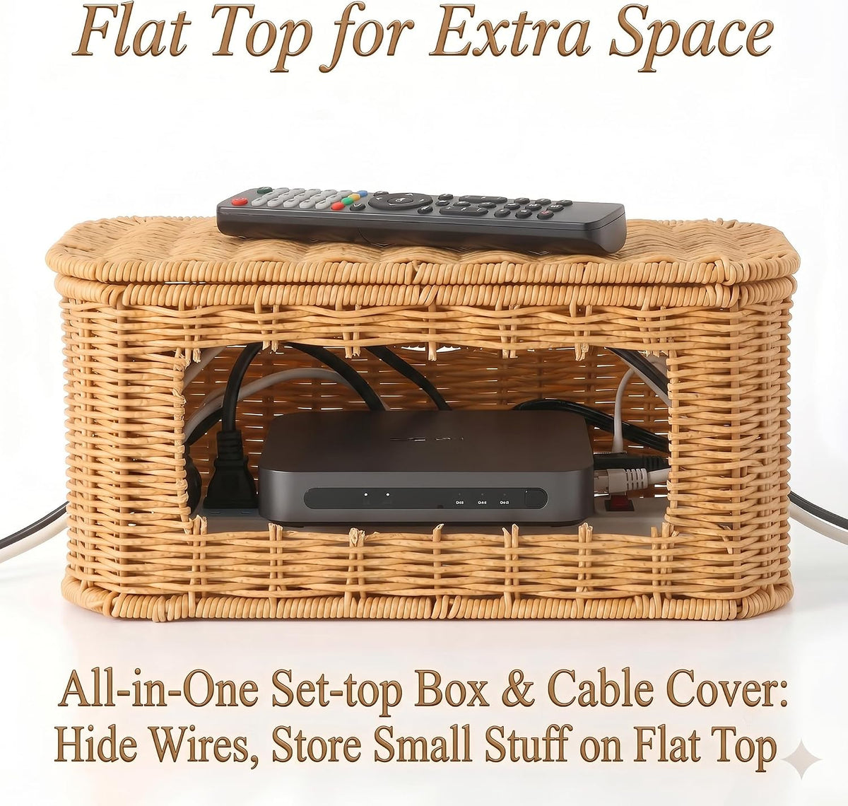 Rattan Cable Management Box, Cord Organizer to Hide Cords & Power Strip