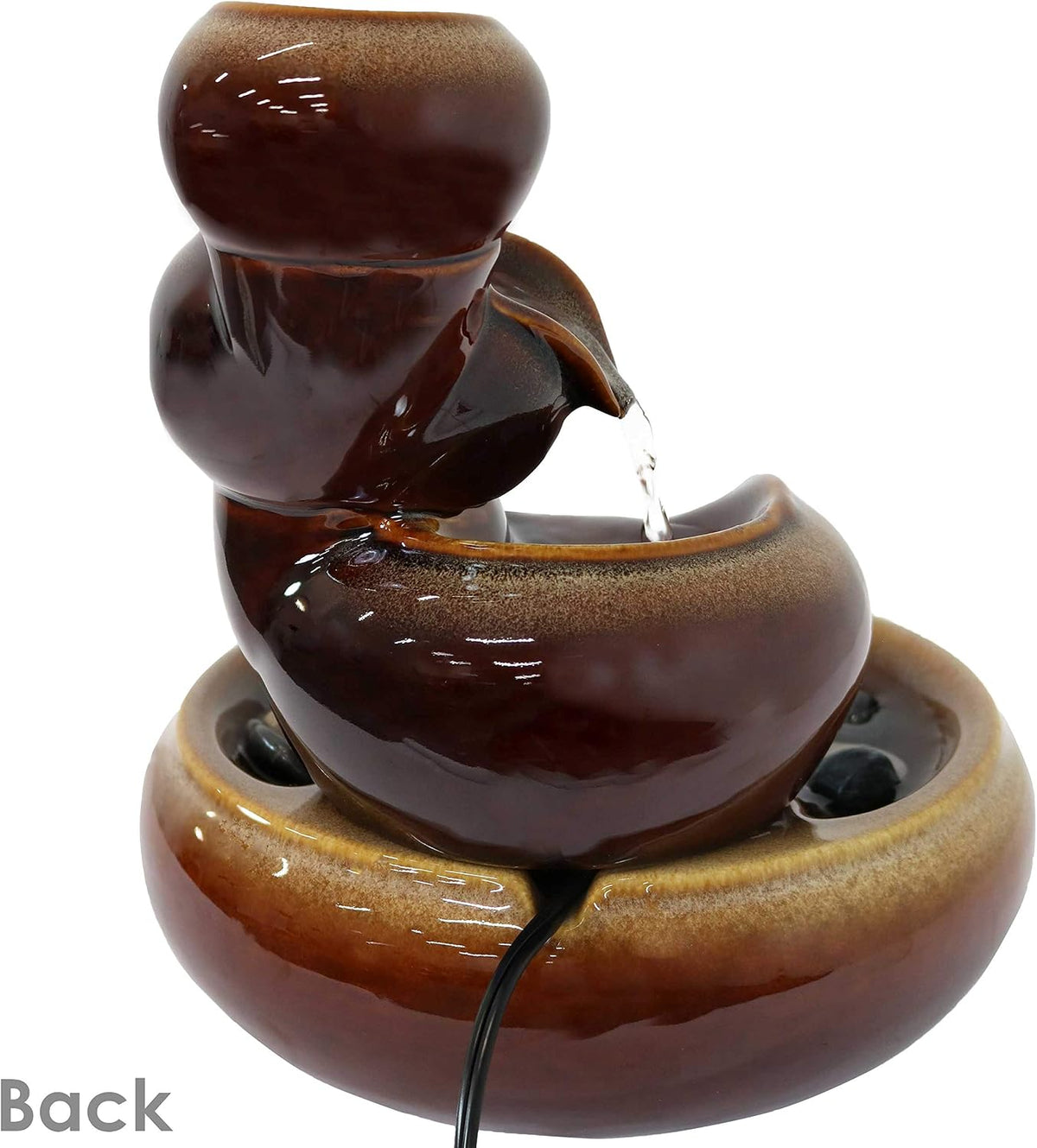 Sunnydaze 10" Tiered Vessels Ceramic Tabletop Fountain, Smooth Glaze, Brown