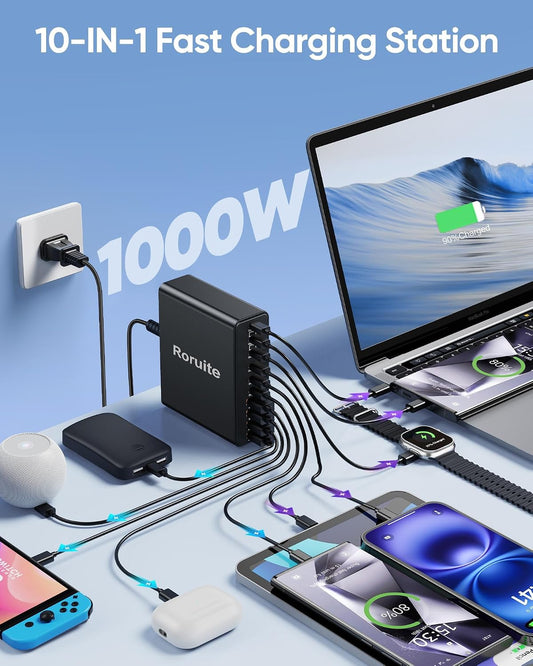1000W USB C Charging Station, 120W PD GaN5 Super Fast USB C Charger Block