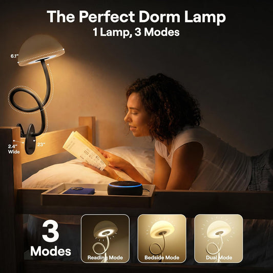 Shroommate Dorm Room Essential Clip On Bed Light - Headboard and Bedside Table Lamp, Flexible Reading Lamp, Night Light for Kids Nursery, Clip on for Desk, MultiColor LEDs, Adapter Included (White)
