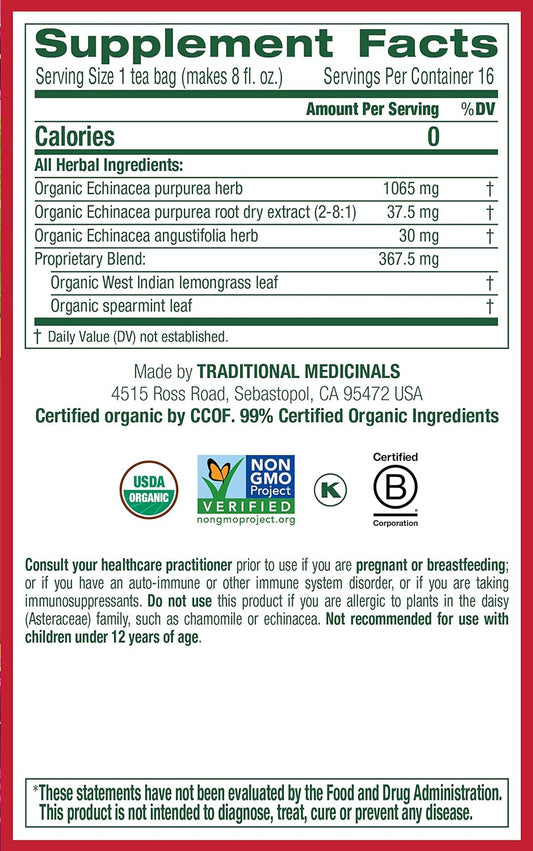 Traditional Medicinals Organic Echinacea Plus with Spearmint Herbal Tea, Promotes Immune Function, (Pack of 3) - 48 Tea Bags Total