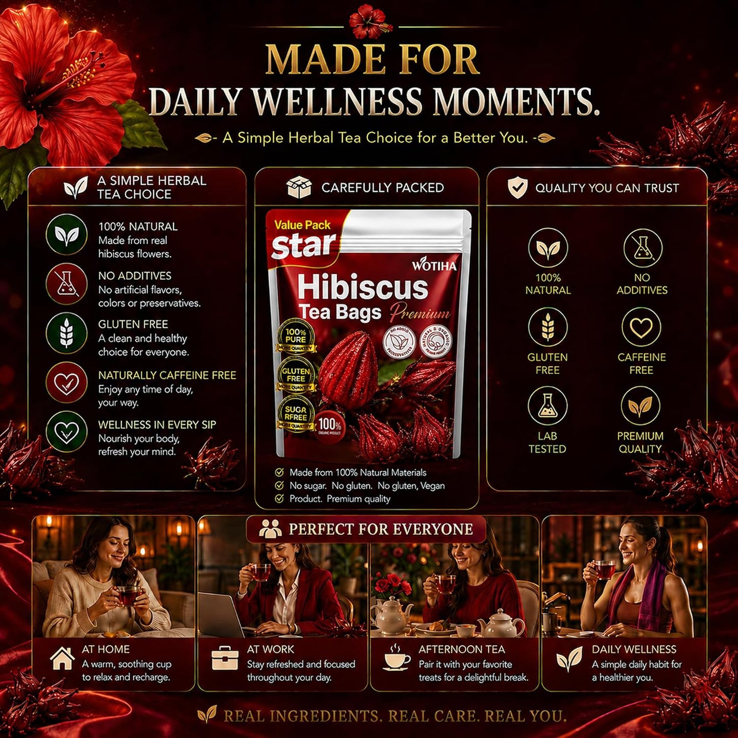 WOTIHA Premium 80 Hibiscus Flower Tea Bags (Flor de Jamaica) - 100% Natural, Tart & Refreshing, Hot or Ice Tea - Rich in Antioxidants, Sugar-Free Caffeine-Free Non-GMO Vegan Gluten-Free.