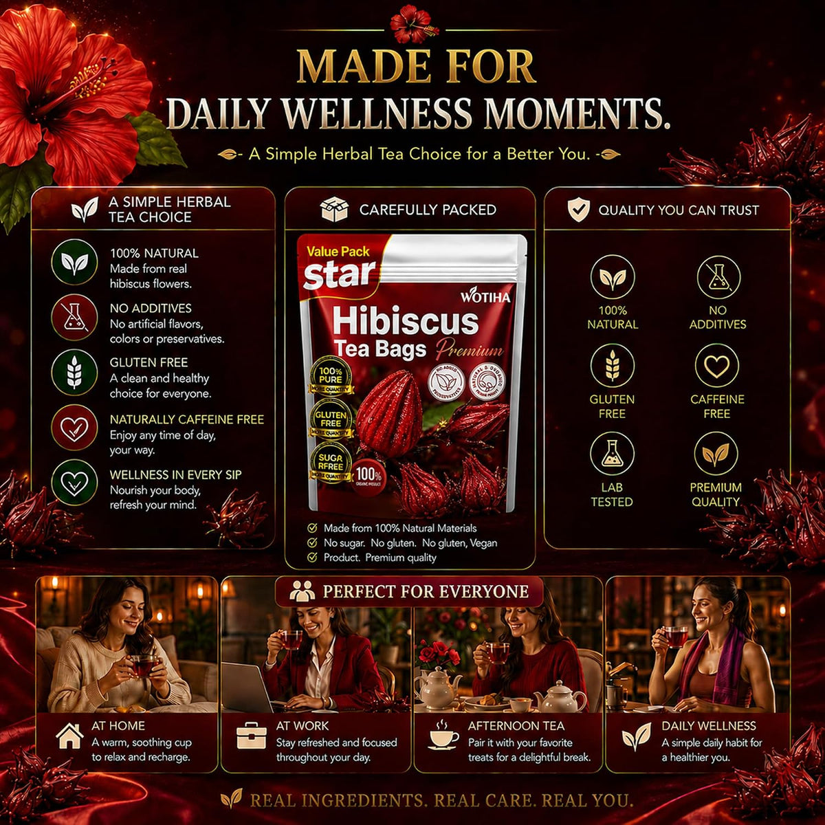 WOTIHA Premium 80 Hibiscus Flower Tea Bags (Flor de Jamaica) - 100% Natural, Tart & Refreshing, Hot or Ice Tea - Rich in Antioxidants, Sugar-Free Caffeine-Free Non-GMO Vegan Gluten-Free.