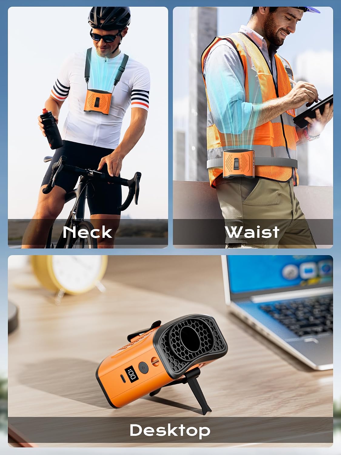 Portable Waist Fan Clip On, 4 Speeds 13000RPM Strong Airflow with 10000mAh Battery & Mobile Charging, Wearable Shirt Fan for Neck with SOS Light, LCD Display, for World Cup, Outdoor, Hiking, Working