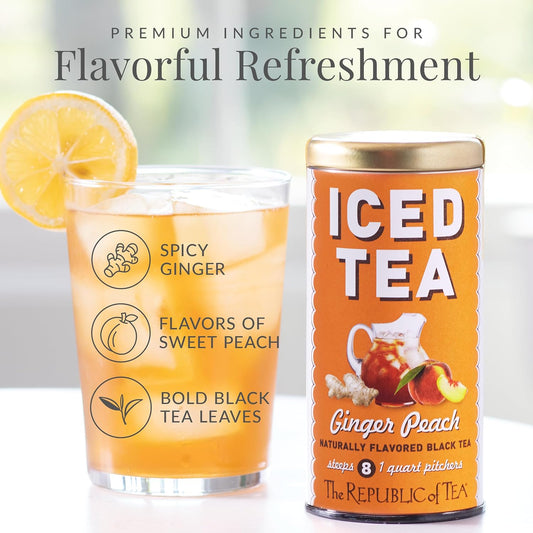 The Republic of Tea – Ginger Peach Black Iced Tea Bags, 40 Large Quart-Sized Iced Tea Pouches, Naturally Caffeinated