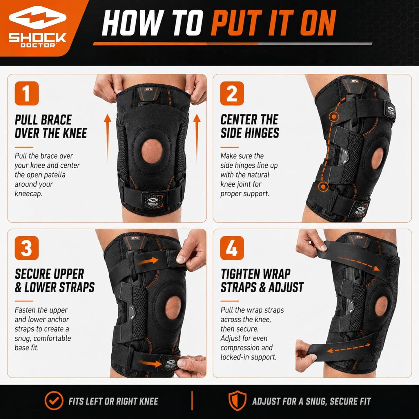 Shock Doctor Knee Brace, Compression Knee Brace for Men & Women, Hinged Knee Brace with Side Stabilizers, Maximum Support, Adjustable Dual Hinges, Knee Braces and Knee Support