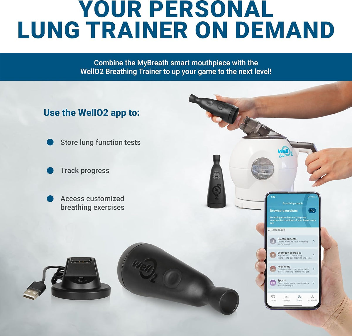 MyBreath Gen 2.0 Smart Mouthpiece Accessory with App for The WellO2 Breathing Trainer Exerciser Device