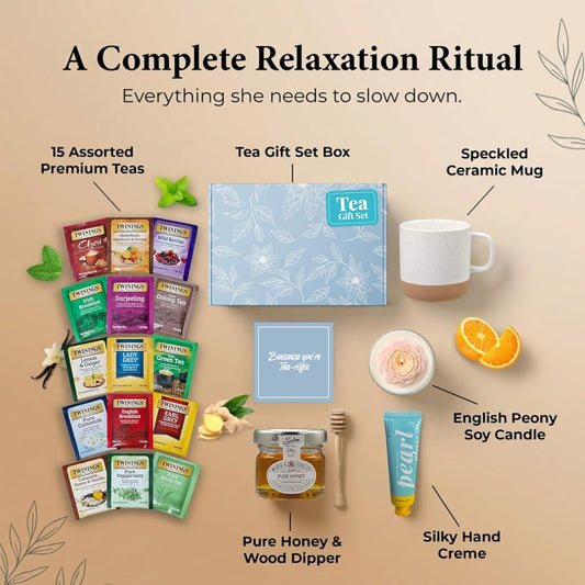 Tea Gift Set for Women – 15 Assorted Teas, Premium Ceramic Mug, Soy Wax Candle, Hand Crème & Honey | Tea Sets for Adults, Tea Gift Box for Birthday, Get Well, Self Care, Teacher