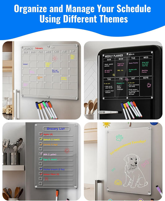 4 Pack Acrylic Magnetic Calendar for Refrigerator Set, Clear Monthly Weekly Daily Dry Erase Whiteboard for Fridge with 8 Color Markers, Meal Planner, Menu Board, Home Decor