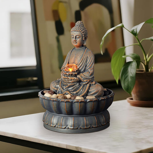 Kalona Tabletop Water Fountain with Buddha, LED Light Indoor Waterfall