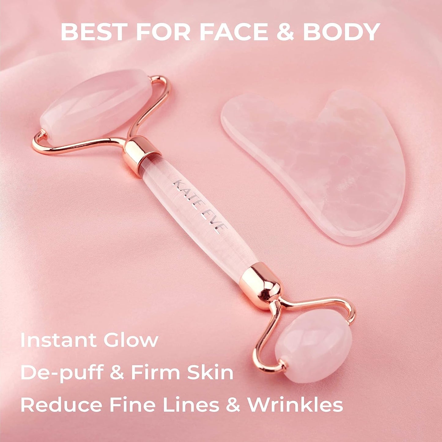 Kate Eve Rose Quartz Face Roller and Gua Sha Set, 100% Natural Brazilian Rose Quartz Facial Massage Tools, Luxury Skincare Gift Box