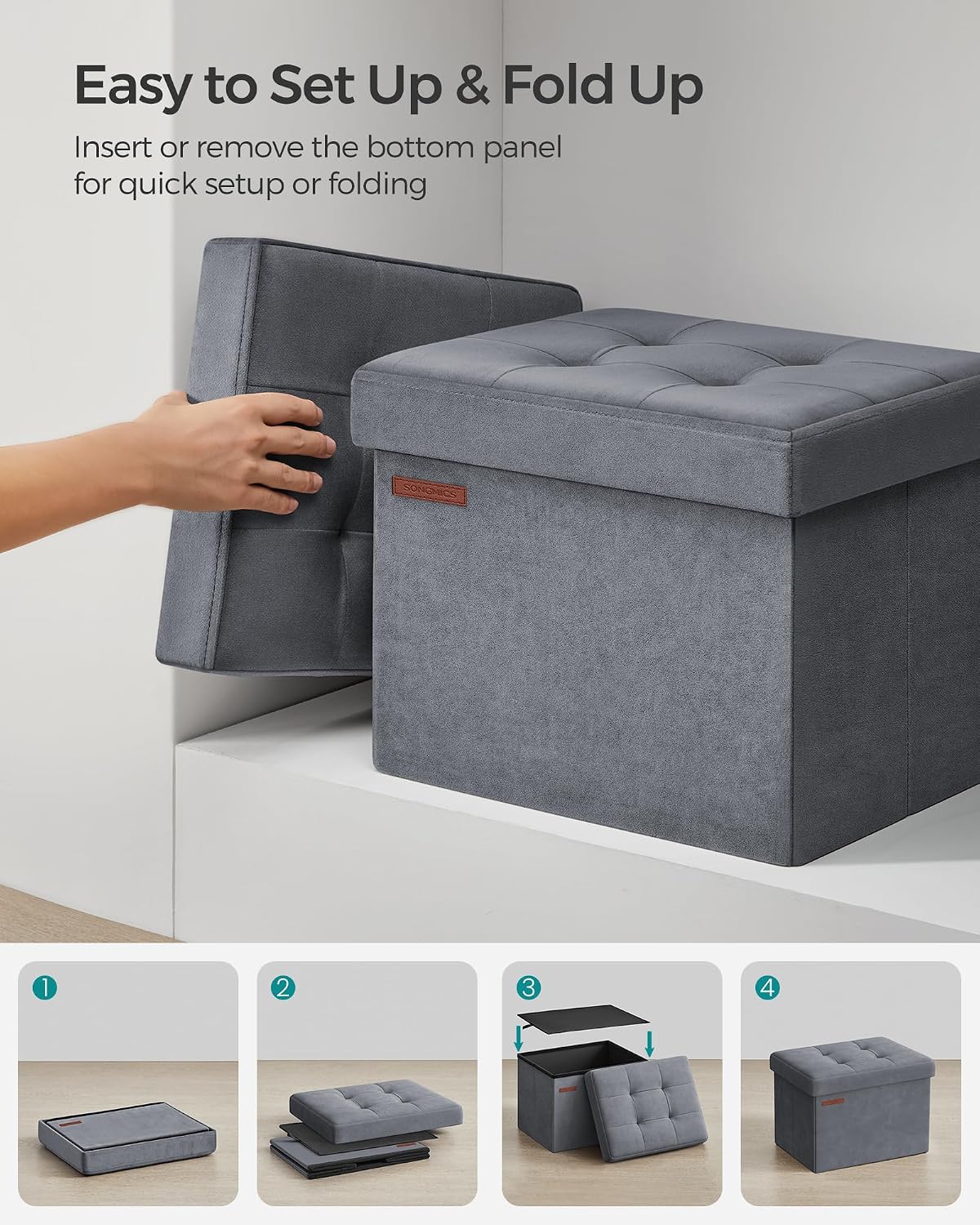 SONGMICS Small Folding Storage Ottoman, Foot Rest Stool, Cube Footrest, Synthetic Leather, 12.2 x 16.1 x 12.2 Inches, 286 lb Capacity, for Living Room, Bedroom, Dorm, Ink Black ULSF100B01