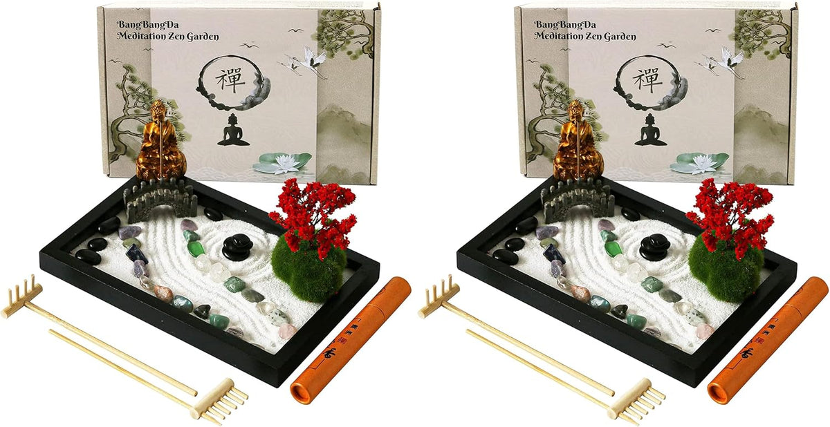 Mini Meditation Zen Garden Kit - Japanese Tabletop Rock Sand Chakra Buddha Garden Home Office Desk Decor Gifts for Father Mother Birthday - Sandbox w/Rake Tool Accessories